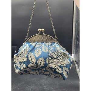 Vintage Limited Edition Evening Beaded Bag 9”x6” Clean Blue Gold Brocade